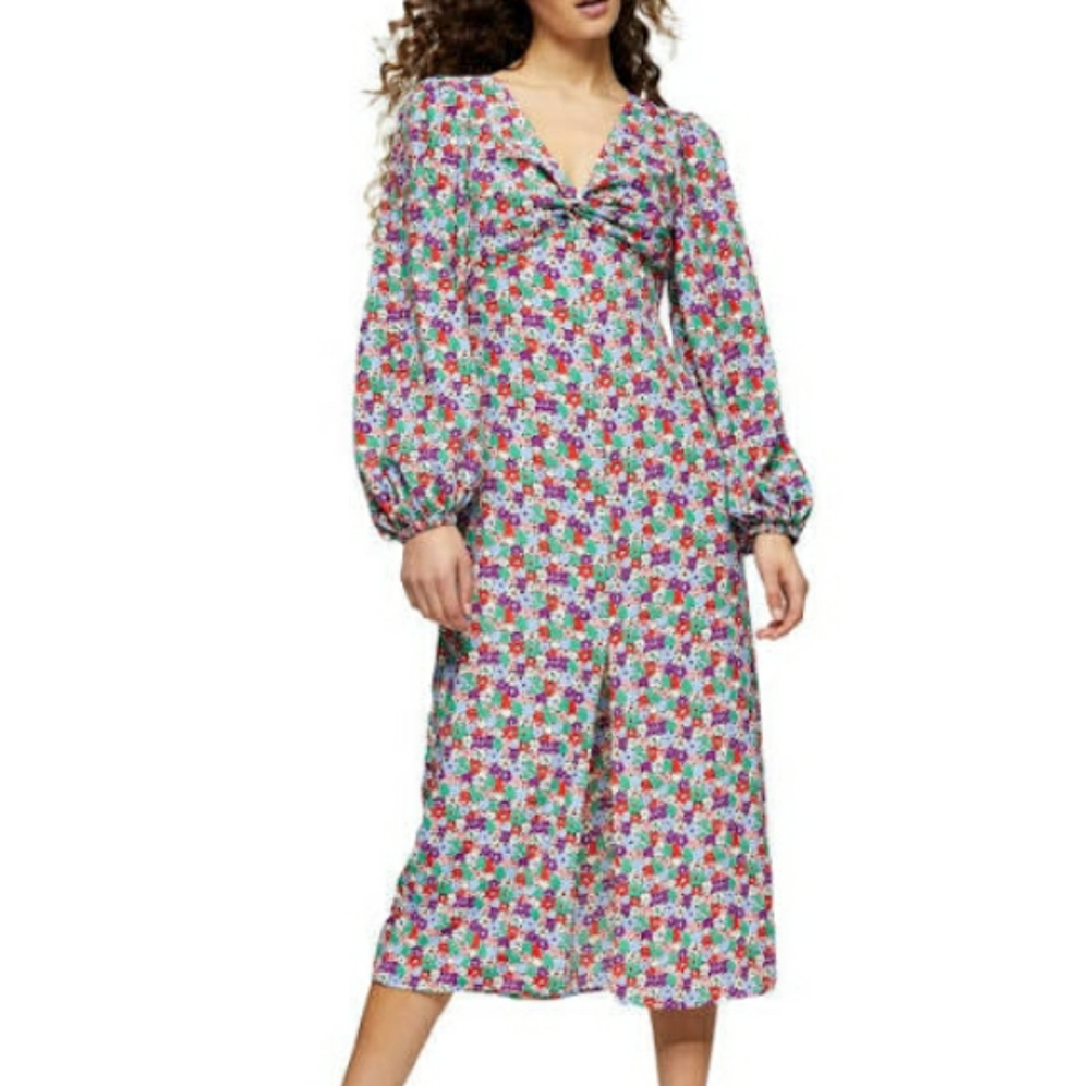 Topshop Godet Floral Twist Front Long Sleeve Dress